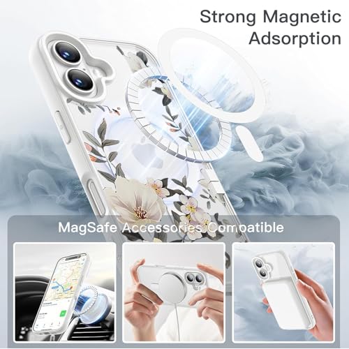 Image of VONZEE Back Cover Case Compatible with iPhone 17, Luxury Retro Flowers Floral Clear for Magnetic Wireless Charging Case Shockproof PC+TPU Cute Glossy Shiny Cover for Girls Women, 6.3'' White