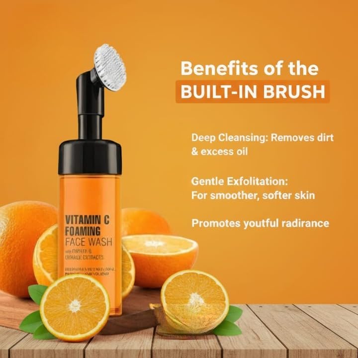 Vitamin C Foaming Face Wash with Papaya & Orange Extracts | Built-In Silicone Brush for Deep Cleansing & Glowing Skin | Paraben & Sulphate Free | For Women & Men | 150ml