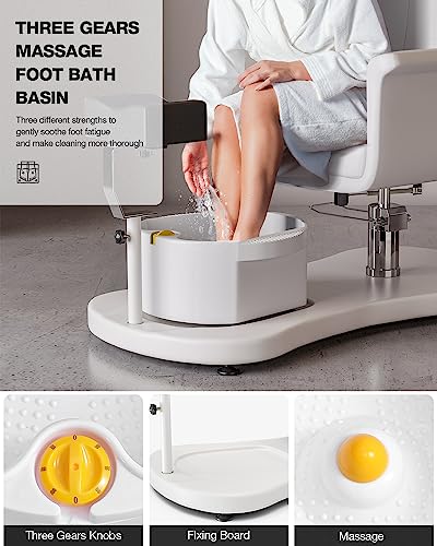 OKAKOPA Reclining Pedicure Chair Station for Nail Tech and Stool, Hydraulic Lift Pedicure Chairs No Plumbing, 360 Swivel Pedicure Chair w/Foot Spa, Pedicure Bowl and Footrest, White