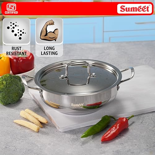 Image of Sumeet ISI Certified Stainless Steel Kadai with Steel Lid & Encapsulated Heavy Bottom |Induction and Gas Compatible | 1.9Ltr Capacity - 22cm Dia, Silver