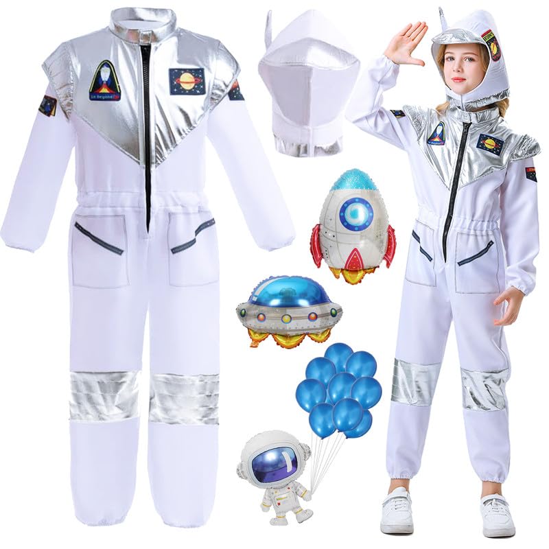 Amtum Astronaut Costume Kids Space Costume Kids With Helmet Aviation Elements Spaceman Cosplay Costume Astronaut For Halloween Carnival World Book Day Cosplay Party Role Play,L