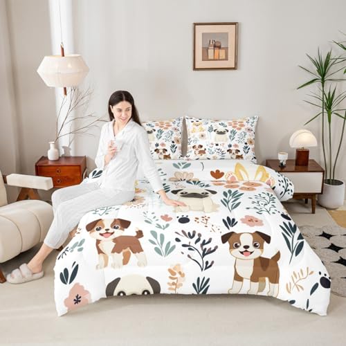 Image of Feelyou Cute Puppy Dog Bedding Set Kids Toddler King, Dog Animal Bedding Set Dogs and Flowers Comforter Set Botanical Plant Duvet Set Durable Quilt Set