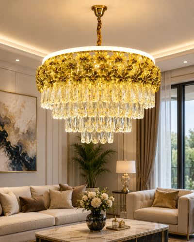 Image of Elegant Chandelier Ceiling Light for Living Room Hanging Pendant Light | Italian K9 Crystals | Metal Frame | Adjustable LED Light-Pack of 1 (Chandelier-Floral-500MM-Gold)