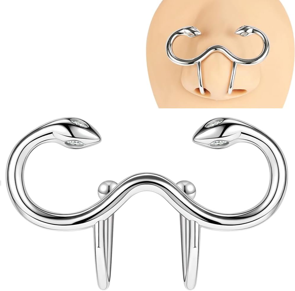 ダブルスネイク セプタム ノンホールピアス フェイク ノーズリング イヤーカフ イヤリング メタル シルバー 付け髭 CP740