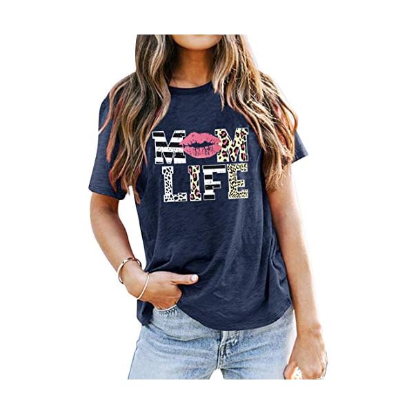 Women Mom Life T-Shirts Leopard Lips Stripe Graphic Shirts Funny Letter Printed Tee Mother's Day Casual Blouse
