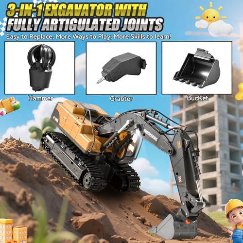 LTFIOON Excavadora RC 3 en 1 Radiocontrol con Cuchara Metálica Garra y Taladro 2.4GHz 14 Canales Rotación 680° Luces LED y 2 Baterías Juguete de Construcción Regalo para Niños 3-12 Años - imagen 3