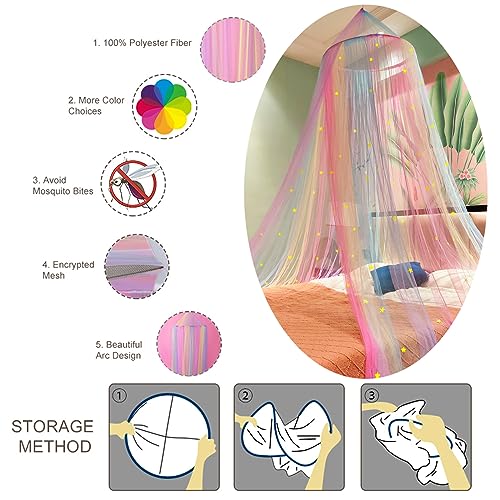 Image of Rainbow Bed Canopy Mosquito Net, Princess Bed Canopy for Girls Room Decor or Unicorn Theme Party(Rainbow,with Stars Glow in the Dark)