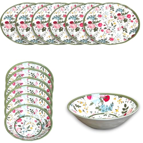 KORAT Set 13 Piatti in Melamina Effetto Porcellana 6 Piatti Piani, 6 Piatti Fondi 1 Insalatiera Grande Design Floreale Elegante con Bordo Verde Infrangibili, Plastica Resistente, Piatti Riutilizzabili