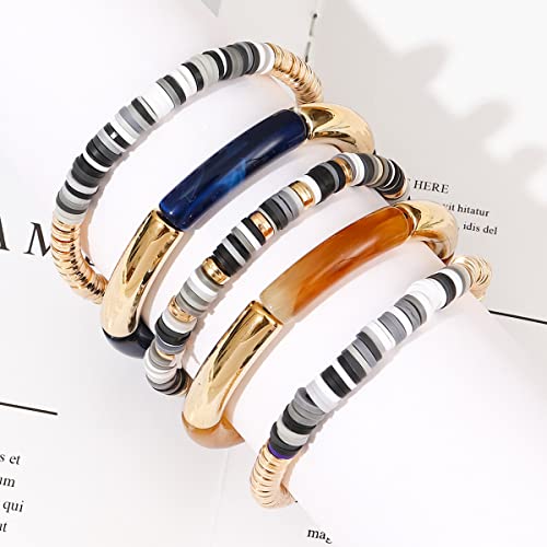 Dimishin Heishi Bracelet For Women Clay Bead Bracelet Stackable Beaded Stretch Bracelet Elastic Layered Colorful Beaded Bracelet Set (Acrylic&Clay-Black) #TOP3