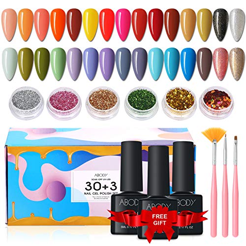 Esmaltes Semipermanentes, Abody 43PCS Esmalte de U�as en Gel UV LED, Incluye 30 Colores Esmaltes de U�as, con Base, Capa Superior Brillante y Mate, 6 Brillos, 3 Cepillos, Limas de U�as