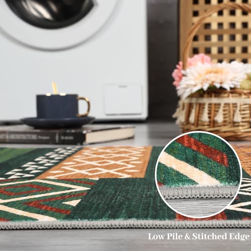 GarveeHome Vintage Geometric Patchwork Green Rug for Living Room 4x6 Machine Washable Throw Rug, Non-Slip Low-Pile Indoor Tribal Carpet, Indoor Foldable Floor Cover for Bedroom Office Under Table
