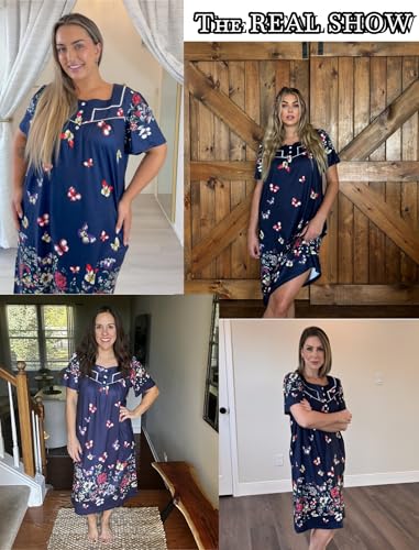 Image of Ekouaer Women's House Dress with Pocket Button Mumus | Short Sleeve Nightgown, Floral Print Mumu Dresses, Square Casual Sleepwear, Boho Roomy Housecoat, Plus Size Soft Sleepwear