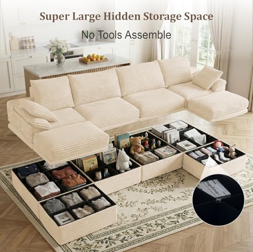 142" Modular U-Shaped Sectional Sofa with Storage, 4-Seat Corduroy Boneless Couch, 27" Deep Seat Cloud Couch & 2 Movable Ottoman, Tool-Free Assembly, Couch for Living Room, Beige - Image 5