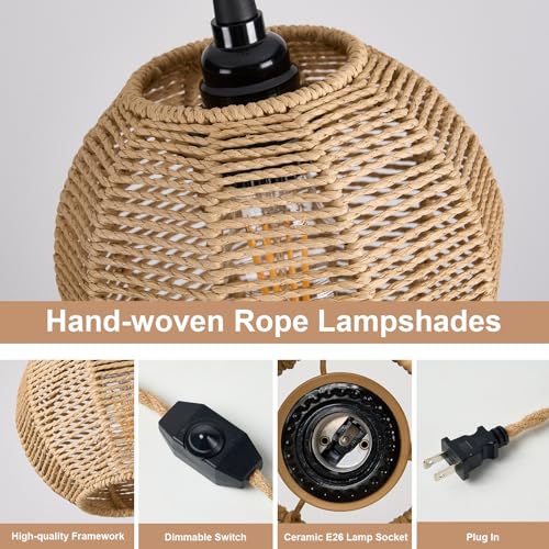 Image of 15ft Plug in Pendant Light with Cord Dimmable Switch | Rattan Hanging Lamp with Hand Woven Wicker Plug in Chandelier Boho Hanging Lights Fixture for Bedroom kitchen Hallway Foyer