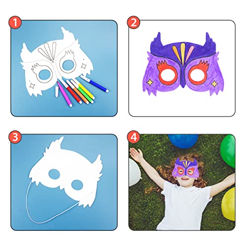 Leikedun 24 Masken für Kinder Tiermasken Blanko Bemalen Masken mit Bungee-Strings und 18 Farbigen Aquarell-Pinsel, zum selbst Bemalen und Gestalten, für Kinder Mädchen Junge Kindergeburtstage Cosplay