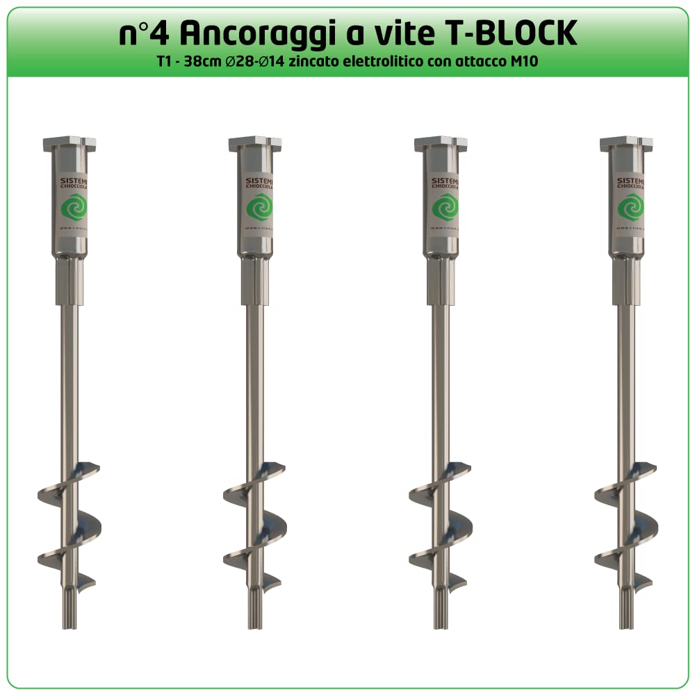 Viti per terreno T-BLOCK - Kit di 4 viti di ancoraggio a terra per gazebo e arredo da giardino. Ecologici, L 38 cm Ø 28-14 esagono da 41 mm con punto fisso M10.