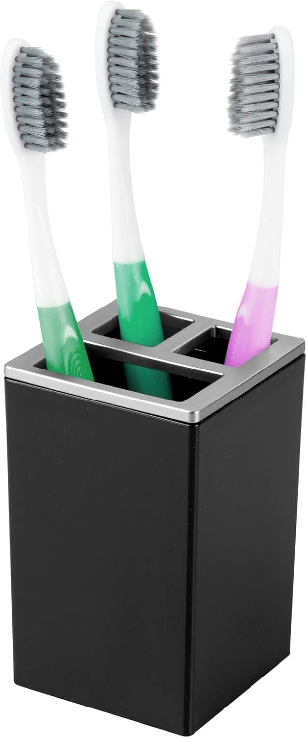 mDesign Decorative Plastic Bathroom Toothbrush and Toothpaste Stand Holder - Dental Organizer with 3 Storage Compartments for Bathroom Vanity Countertops and Medicine Cabinet - Black/Chrome