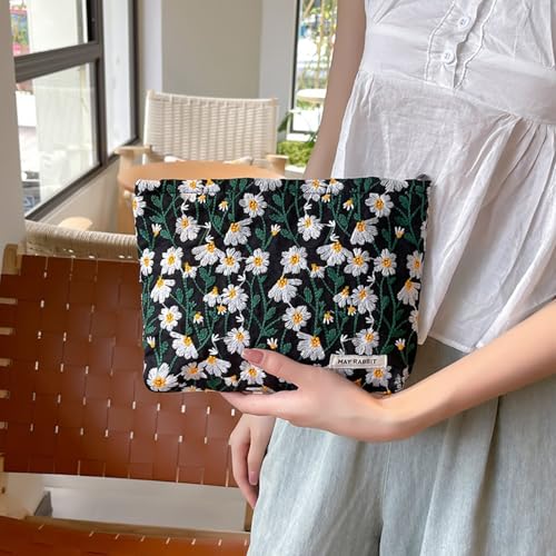 Embroidered Floral Makeup Bag - Travel Cosmetic Organizer for Women, Canvas Zipper Pouch for Toiletries