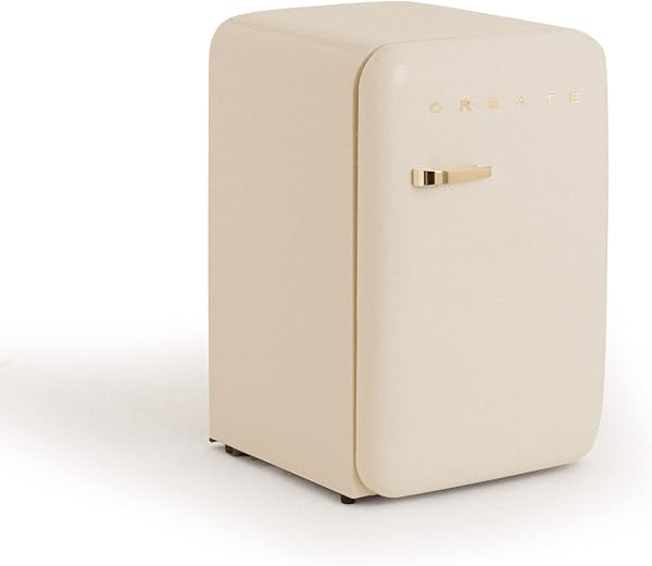 CREATE / RÉTRO FRIGO 83.5 ARGENT/Réfrigérateur blanc cassé avec poignée or / 98W, basse consommation, 2 étagères, régulateur de température, porte-bouteilles, 56x54x84cm. - 2