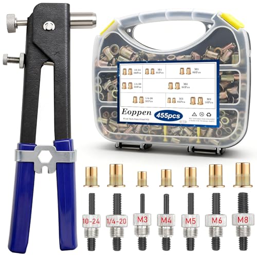 Eoppen 455Pcs Rivet Nut Tool Kit, Rivnut Tool Kit with 7 SAE and Metric Mandrels (10-24, 1/4-20, M3, M4, M5, M6, M8) and Rivet nut Assortment Kit with Rugged Carrying Case (Carbon Steel)
