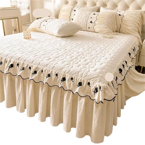 Faldón de Cama Winter Princess Style Thick Milk Velvet Bed Skirt Solid Color Plush Cotton Warm Bedspread Rose Embroidery Hem Bedding para el armazón de la Cama(White,200x220cm 3pcs)