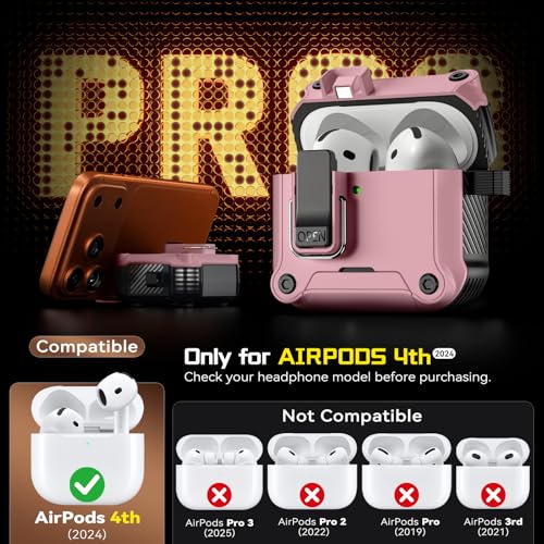 Inesore Compatible with AirPods 4 Generation Case,Secure Lock & Phone Stand Design,Compatible with MagSafe,Automatic Snap Switch Secure Cover for New AirPods 4th (2024)-Pink by Inesore - Image 2
