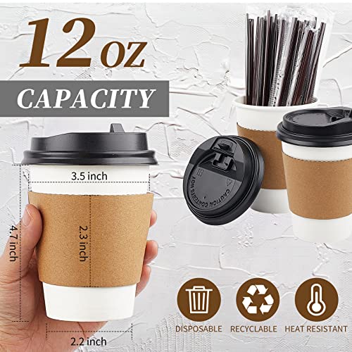 Zorrita 12oz Paper Coffee Cups with Lids Disposable To Go Kraft Cups with Straws, Stirrers and Sleeves Hot/Cold Drinking Cups for Water, Cafe or Tea, 50 Pack, White - Thumbnail 3