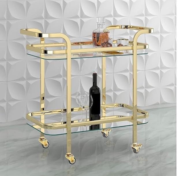 Image of Stainless Steel Trolley for Home with Wheels and Handle 3 Tier Restaurant Mobile Cart for Serving Food Kitchen Trolley Organizer with Gold Finish (Light Gold)