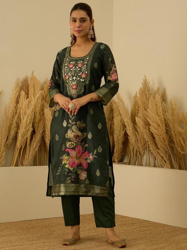 Image of VredeVogel Women's Embroidered Chanderi Silk Jacquard Straight Kurta Pant Set with Dupatta | Perfect for Festive & Casual Ethnic Wear Kurta Set