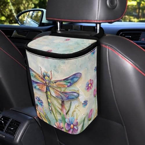 Image of Talayituse Dragonfly Daisy Print Car Trash Can with Adjustable Straps, Foldable Car Trash Bag Bin Car Garbage Bag Multipurpose Storage Box for Vehicle Travel Camping Picnicing