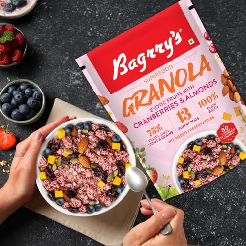 Image of Bagrry's Superfood Granola Exotic Fruits with Cranberries & Almonds 400g - 75% Fruits, Nuts, Seeds & Grains | 13 Nutrient-Packed Superfoods | 100% Plant-Based | High in Fibre & Protein | Healthy Breakfast Cereal | Multigrain Cereal | 100% Baked Granola | No Palm Oil