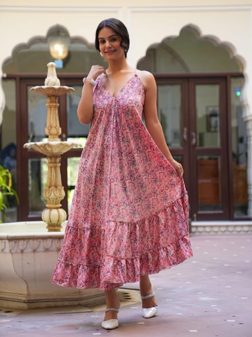 Image of Yash Gallery Women's Wrinkle-Free Floral Printed Sleeveless Maxi Dress with Spaghetti Straps One-piece