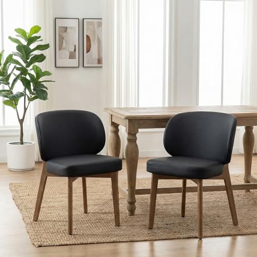 Image of YOUNIKE Single Dining Chair Modern Kitchen Dining Room Chair Black | Faux Leather Upholstered Armless Side Accent Chair with Back 20.1 inch Wide Padded Seat Wooden Legs for Living Room Bedroom