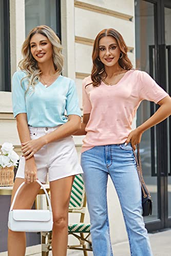 Image of Arach&Cloz Women's Lightweight Spring Summer Sweater Tops Casual Short Sleeve Blouses Shirts