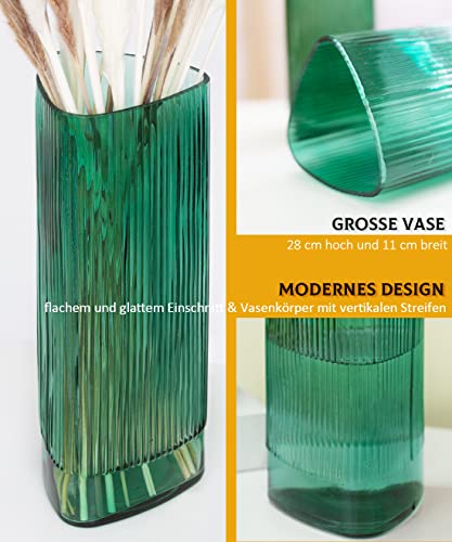 Tulpenvaas voor woonkamer, decoratie, 28 cm x 11 cm, vaas voor pampasgras, driehoek groen glas, bloemenvaas, tafeldecoratie, eettafel - Afbeelding 6