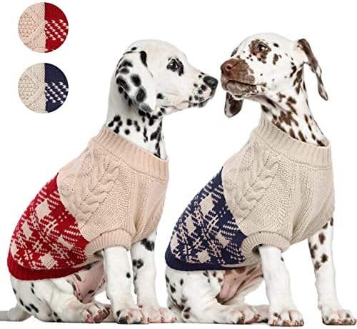Kuoser Dog Cat Sweater, Warm Puppy Plaid Knitwear Jumper with Knitting Pattern, Soft Cotton Doggie Hoodie Winter/Autumn Pet Pullover Shirt for Small and Medium Dogs Cats, Red & Blue