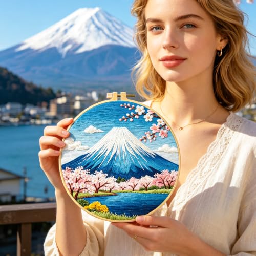 Image of BEUNITONE 4 Pcs Embroidery Kit for Beginner, Ukiyo-e Style Landscape Wave Pattern Embroidery Materials, Cross Stitch Set with Cloth, Thread, Needle and Hoop Tools for Friendship Gift and Home Decor