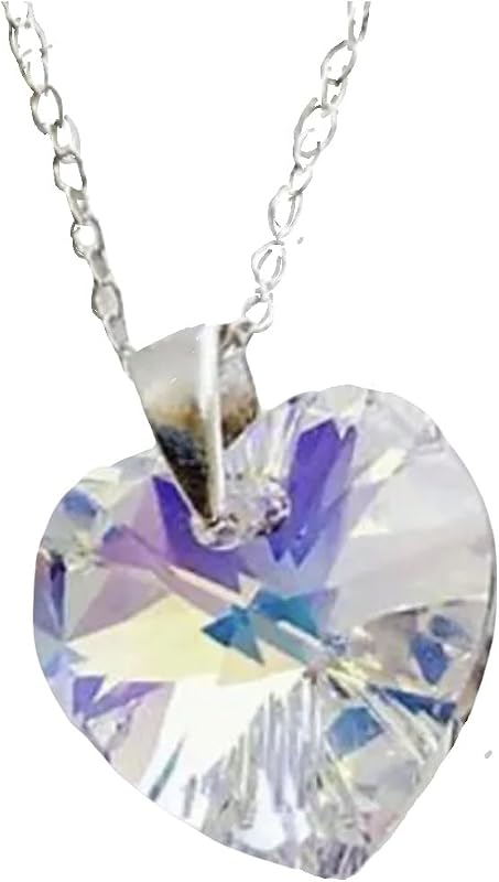 Sterling Silver Necklace HandMade With Austrian Crystal Heart Aurora Boreali