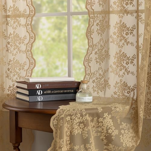 YJ YANJUN Taupe Lace Curtains 63 inches Length 2 Panels