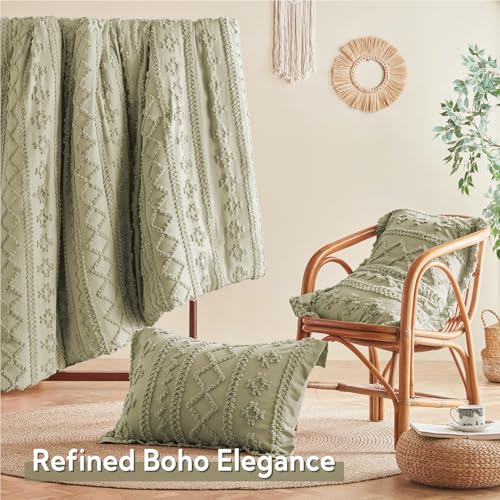 Image of MR&HM Boho Comforter Set King, Sage Green 7 Pieces Bedding Set, Farmhouse Shabby Chic Bed in a Bag with 1 Comforter, 2 Pillow Shams, 2 Pillowcases, 1 Flat Sheet, 1 Fitted Sheet for All Seasons