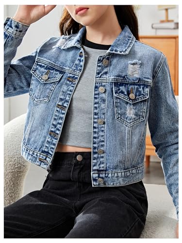 Verdusa Girl's Ripped Button Front Long Sleeve Flap Pocket Collared Denim Jacket Coats4