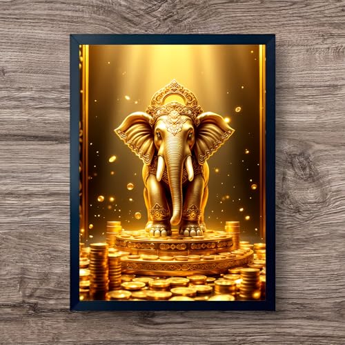Image of ARTFUL TOY BOX - Golden Elephant Photo Frame Wall Art for Home Decor | Wealth, Power & Good Luck Vastu Feng Shui Wall Decor for Living Room & Office | HD Glossy Print | Premium Fiber Black Frame - 12x18 Inch (30x45 cm) (Design 10)