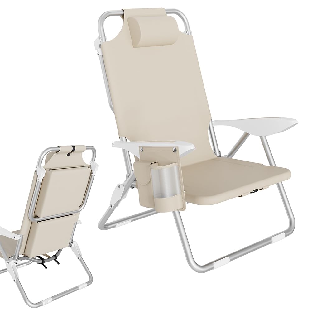 BAKAJI Sedia Pieghevole da Spiaggia in Alluminio con Tasca e Borsa Termica (Beige)