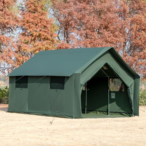 WaldZimmer Cotton Canvas Wall Tent with Rain Canopy Waterproof Outdoor Tent for Hunting Family 4 Season Camping Tents Heavy Duty Steel Frame&PVC Floor, Green