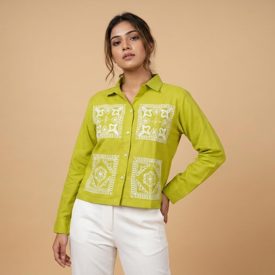 Image of Stylish Women's Embroidered Shirts | Geometric Pattern Half Sleeve Collared Button-Up Casual Shirt for Women