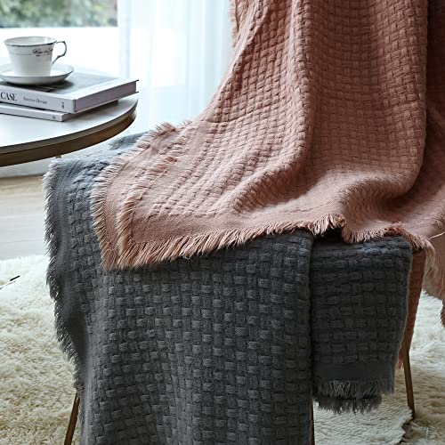 Image of CREVENT Farmhouse Waffle Knit Throw Blanket for Couch Sofa Chair Bed Home Decoration, Soft Warm Cozy Light Weight for Spring Summer Fall (50''X60'' Coral Pink)
