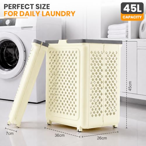Image of JD FRESH Large 45 Liters Foldable Laundry Basket /Multipurpose Laundry Bag for Clothes with Wheels and Integrated Handles /Movable Plastic Clothes Basket /Laundry Bucket for Home & Laundry Room (Ivory)