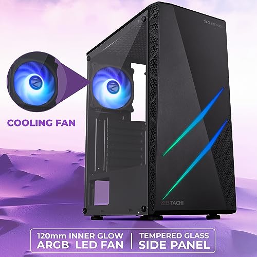 Image of ZEBRONICS TACHI Mid-Tower Premium Gaming Cabinet, ATX /M-ATX /M-ITX, 1 x 120 mm RGB Inner Glow Rear Fan, LED Strip with Control Switch, Tempered Glass Side Panel, USB 3.0, USB 2.0