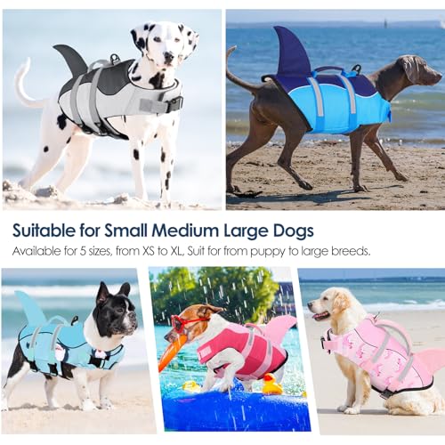 AOFITEE Schwimmweste Hund Große, Hundeschwimmweste Hai für Schwimmen, Hohe Flotation Rettungsweste mit Rettungsgriff und Reflektorstreifen für Kleine, Mittlere, Große Hunde, Grau XL