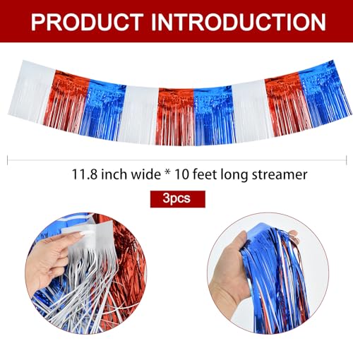 Image of BEISHIDA 3 Packs Metallic Foil Fringe Garland Red White Blue Wall Hanging Tinsel Fringe Banners for Floats Birthday 4th of July Memorial Day Patriotic New Year Party Decoration(30 Feet)